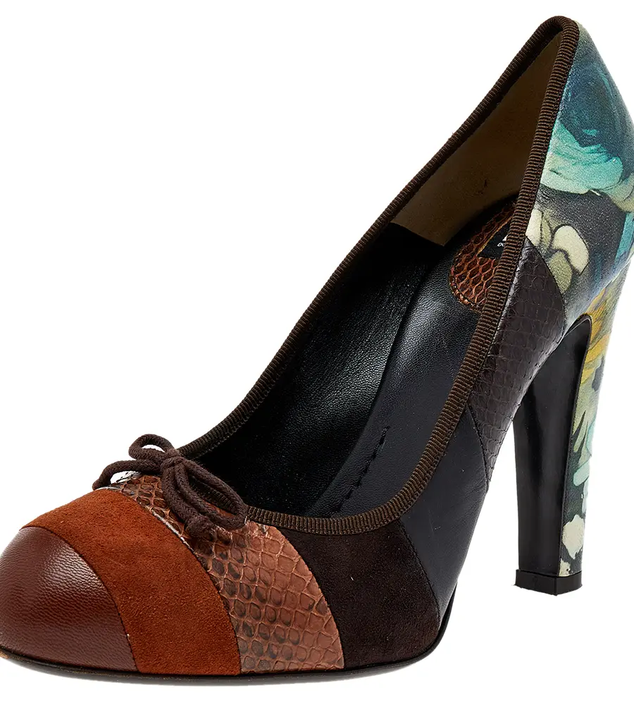 Dolce & Gabbana Size 37.5 Multicolor Leather, Python Leather and Suede Pumps
