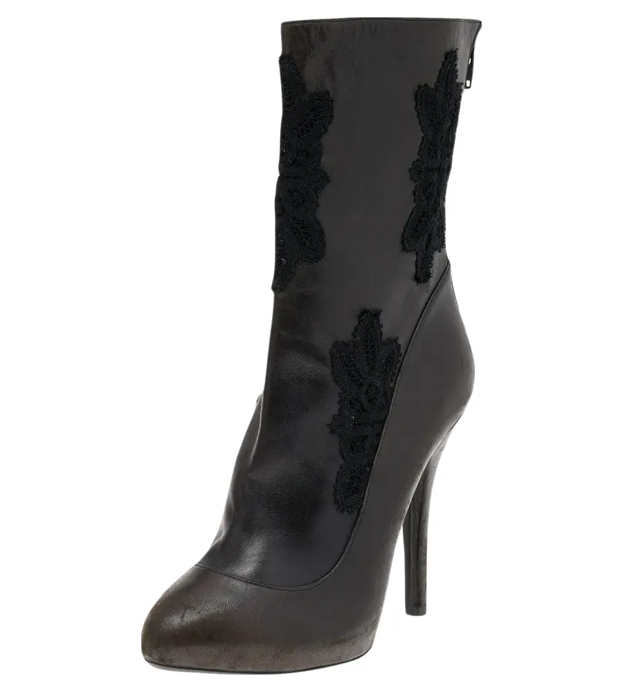 Dolce & Gabbana Dark Brown/Black Leather and Lace Ankle Boots Size 39