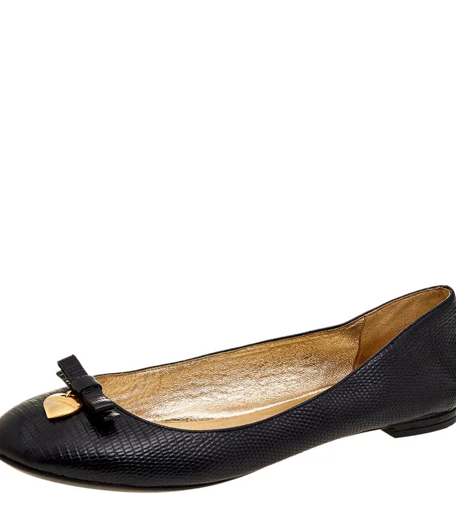 Dolce & Gabbana Black Lizard Embossed Leather Bow Detail Ballet Flats Size 37.5