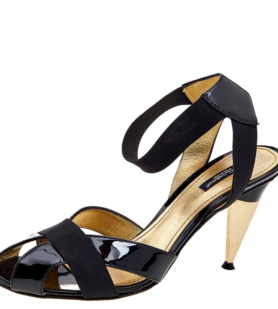 Dolce & Gabbana Size 40 Black Patent Leather and Stretch Band Ankle Strap Sandals
