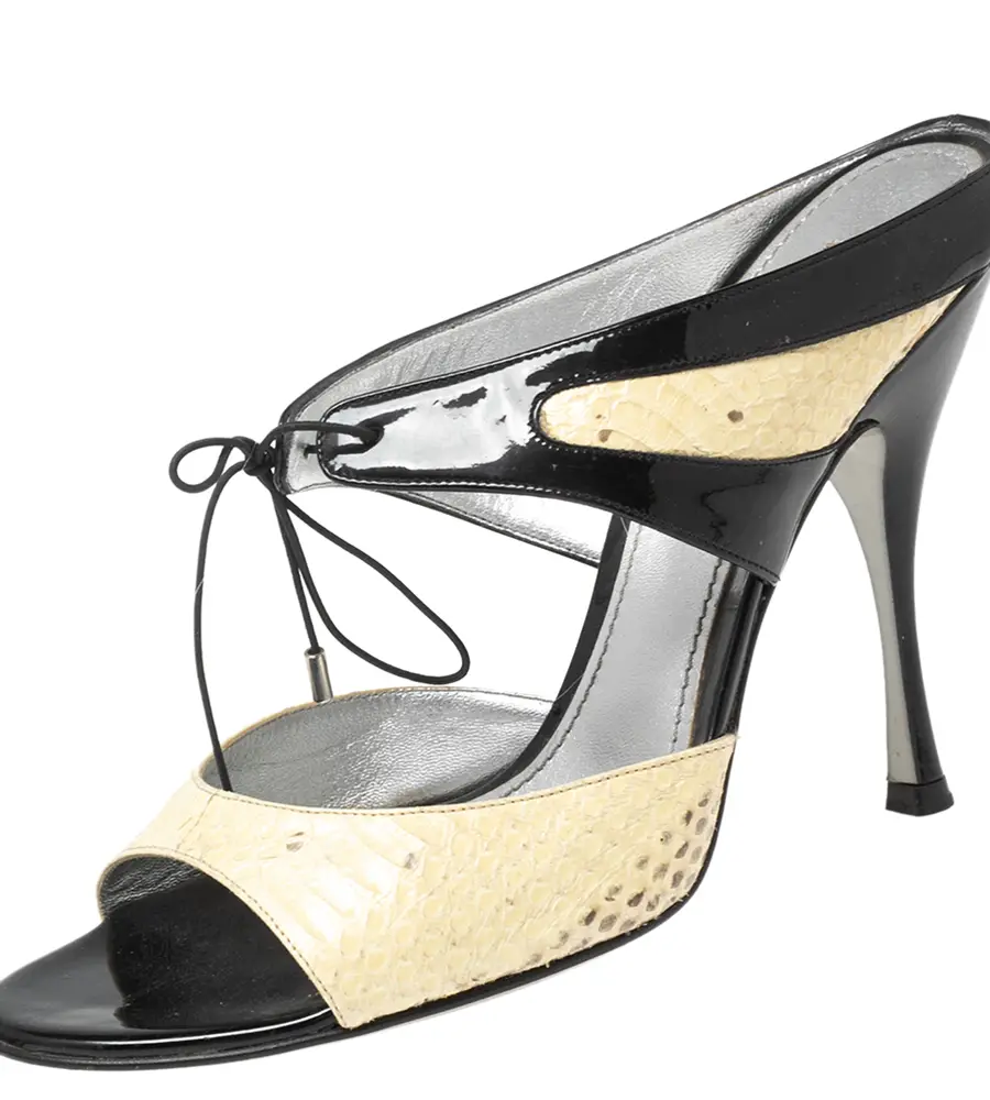 Dolce & Gabbana Size 40 Black Patent Leather and Python Leather Ankle Strap Sandals
