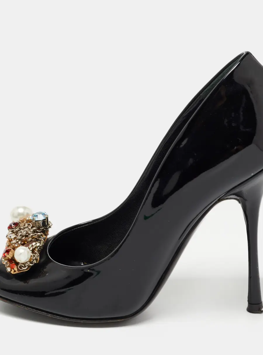 Dolce & Gabbana Black Patent Leather Crystal Embellished Peep Toe Pumps Size 37