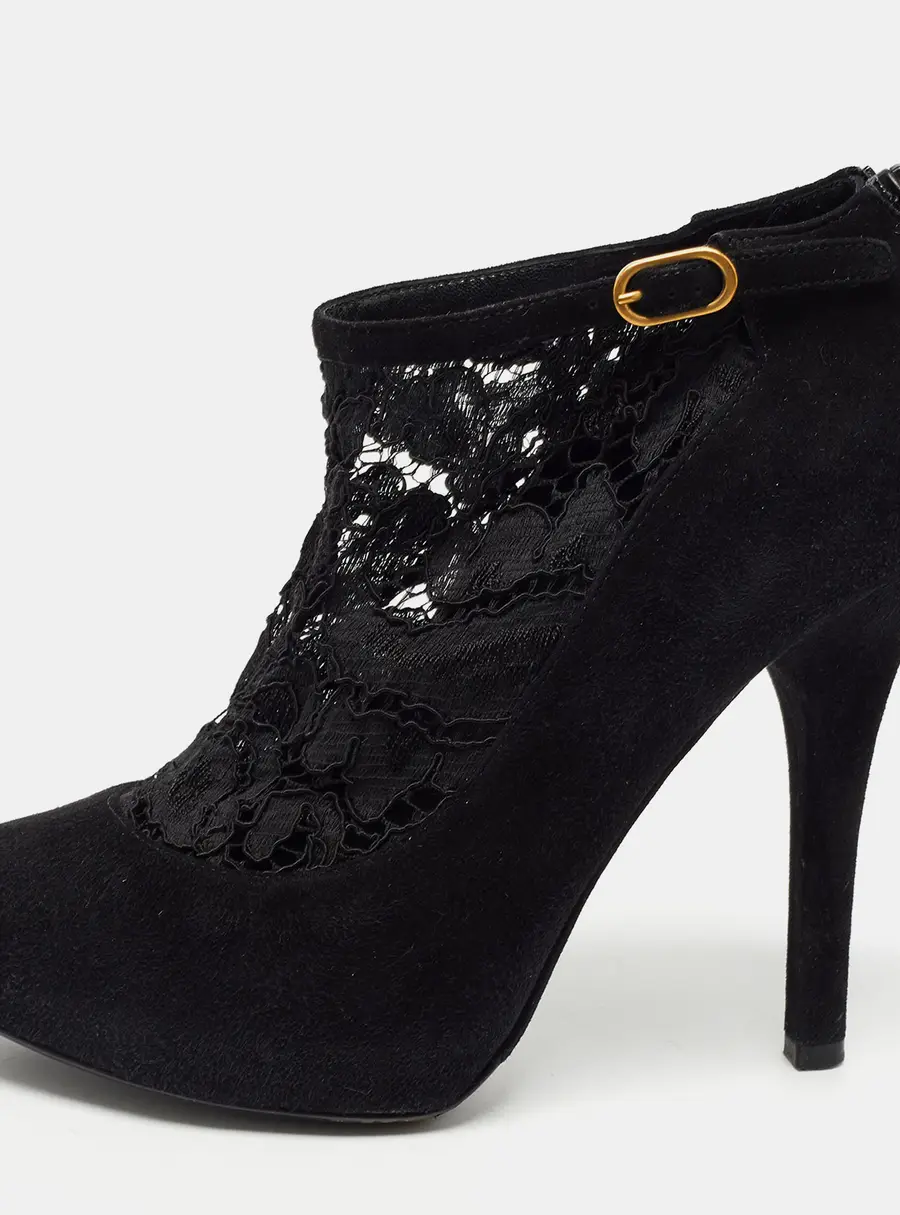 Dolce & Gabbana Black Suede and Lace Pointed Toe Booties Size 38.5