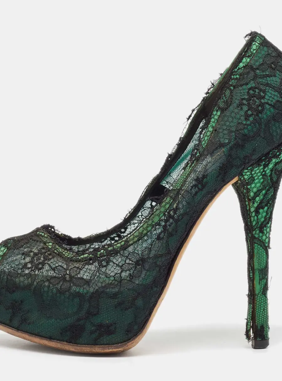 Dolce & Gabbana Black/Green Lace and Satin Peep Toe Platform Pumps Size 40