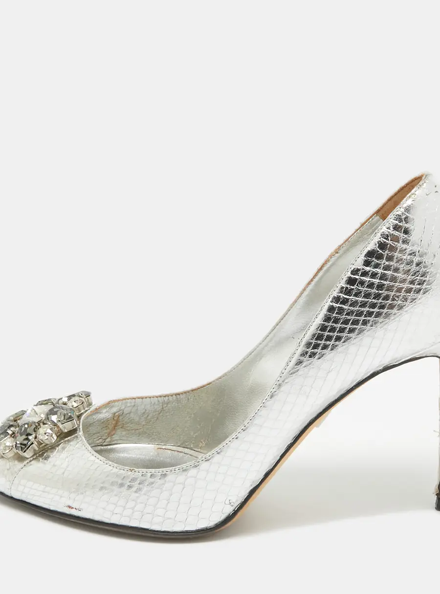 Dolce & Gabbana Bellucci Size 39 Silver Snakeskin Embossed Leather Pumps
