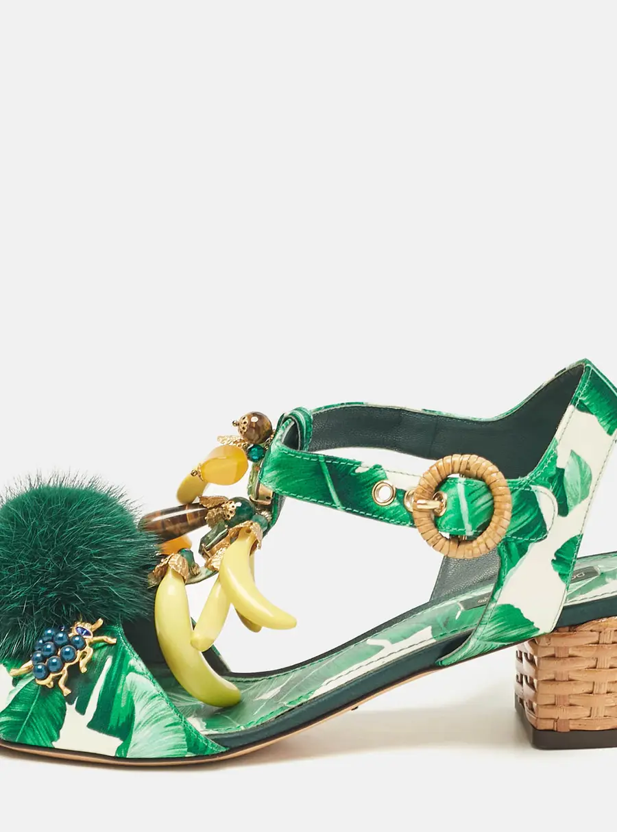 Dolce & Gabbana Green Satin and Fur Banana Embellished T-Strap Sandals Size 39