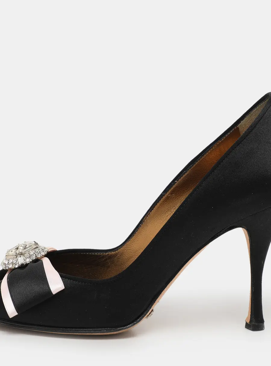Dolce & Gabbana Black Satin Crystal Bow Embellished Pumps Size 36