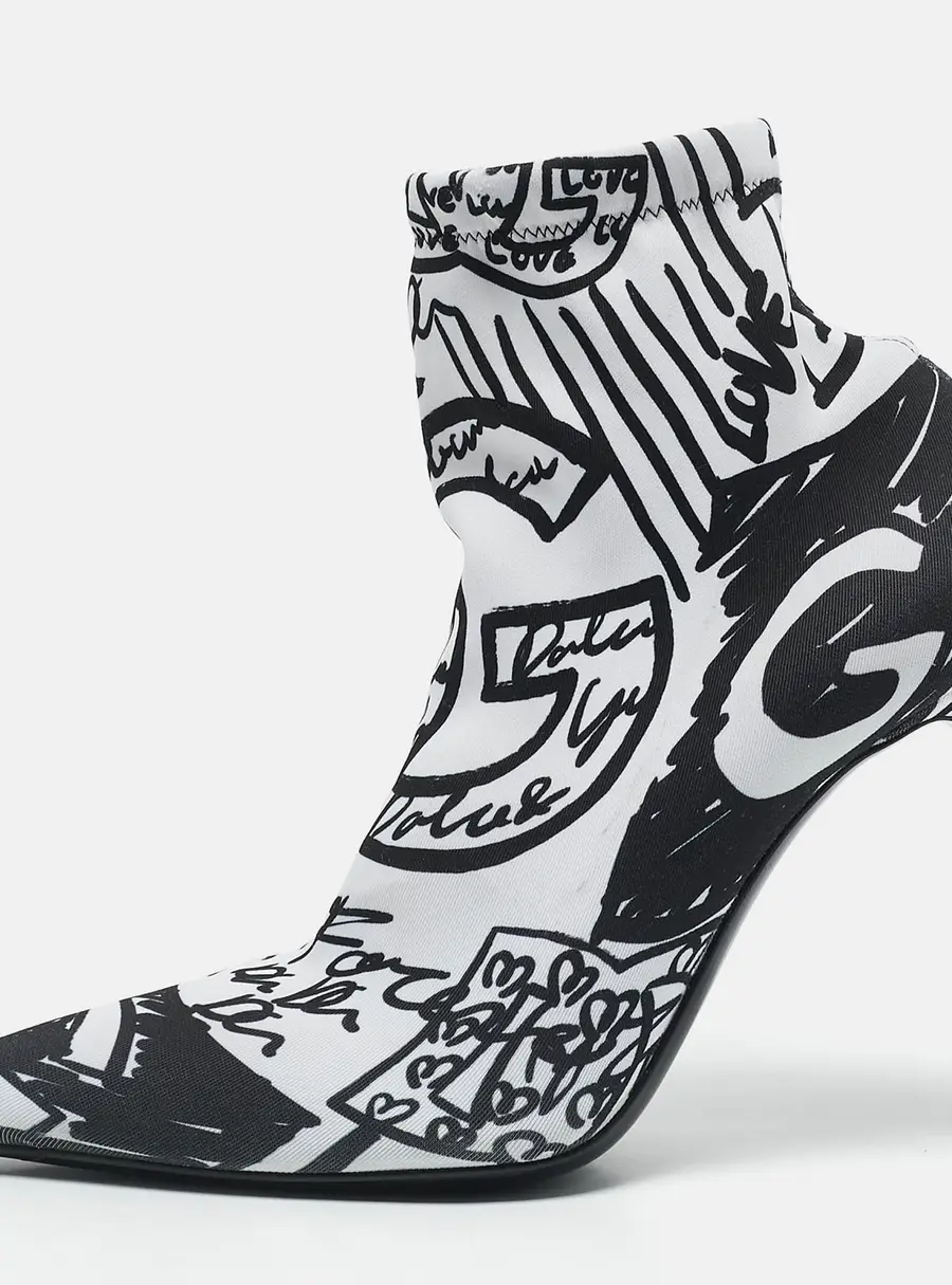 Dolce & Gabbana Black/White Stretch Knit Graffiti Sock Ankle Length Boots Size 39