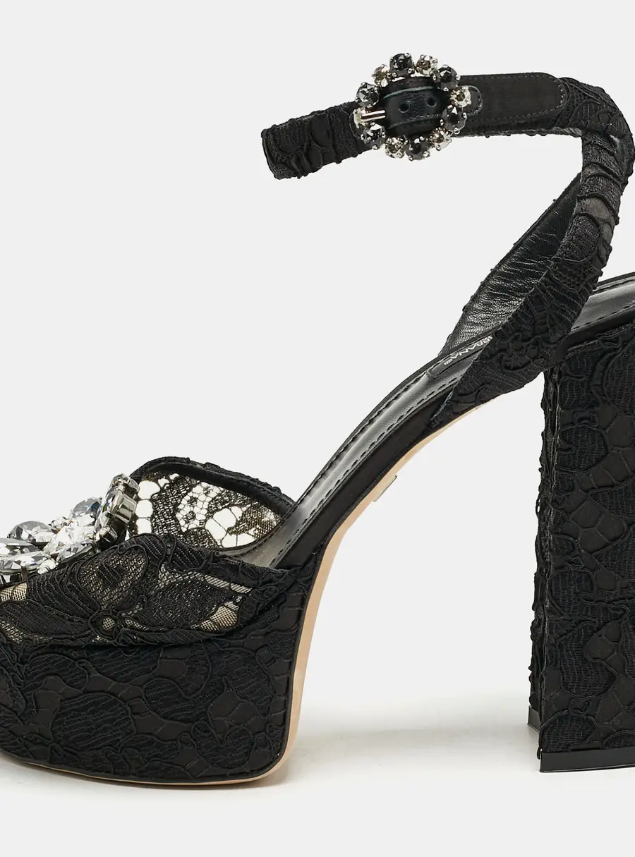 Dolce & Gabbana Black Lace and Mesh Crystal Platform Ankle Strap Sandals Size 40