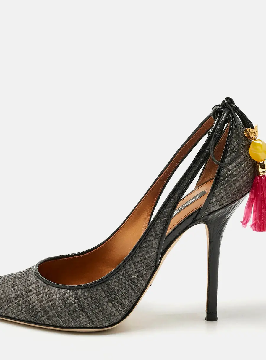 Dolce & Gabbana Black Raffia Pom Pom Detail Tie Up Pumps Size 37