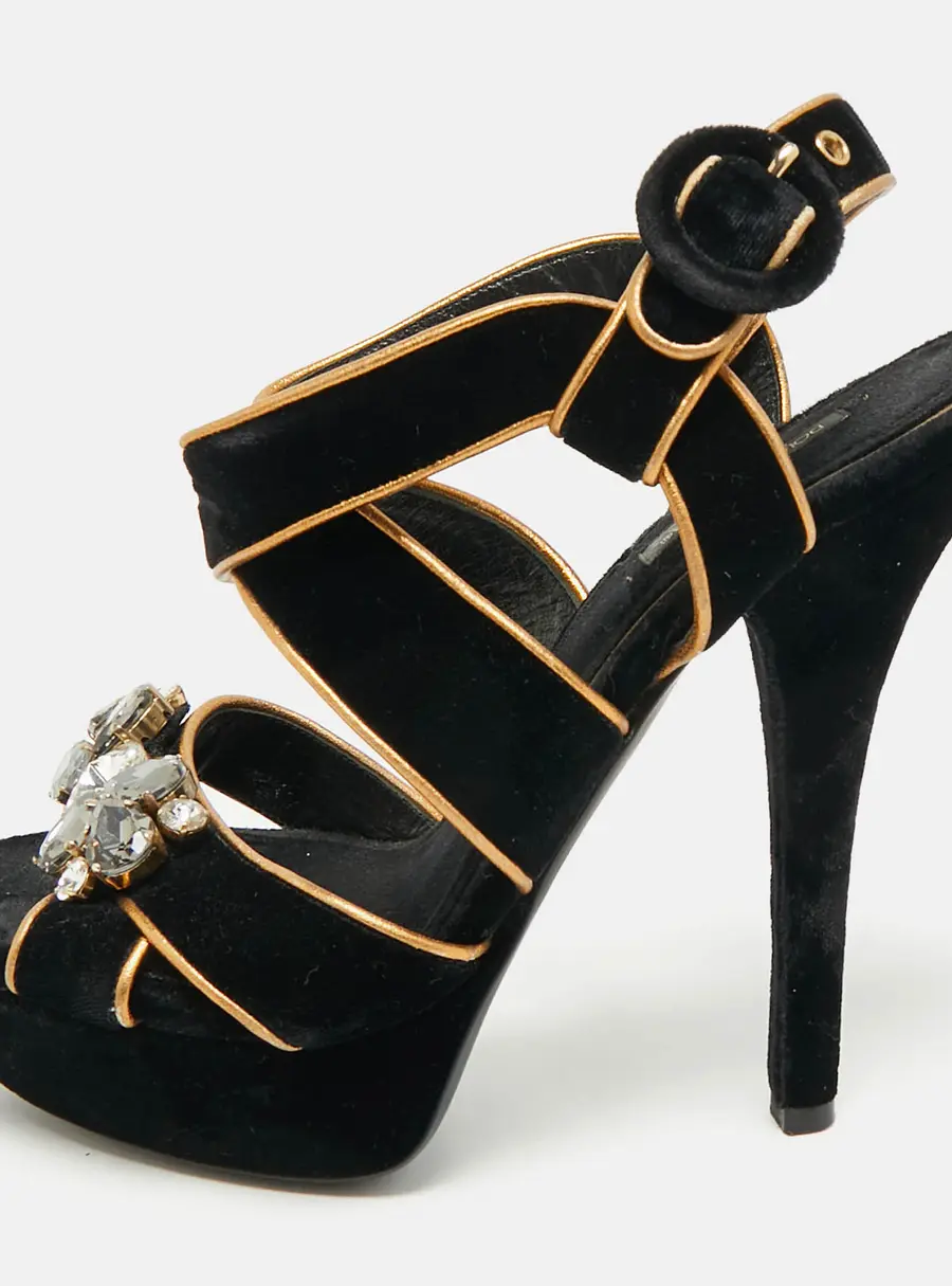 Dolce & Gabbana Black/Gold Velvet and Leather Crystal Embellished Platform Sandals Size 38.5