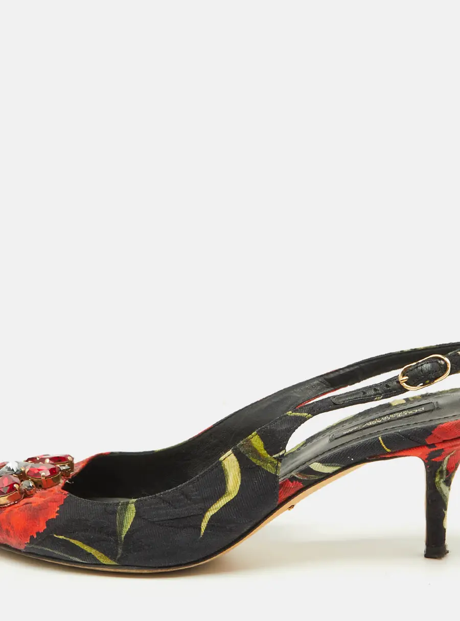 Dolce & Gabbana Black Brocade Floral Fabric Crystal Embellished Slingback Pumps Size 39.5