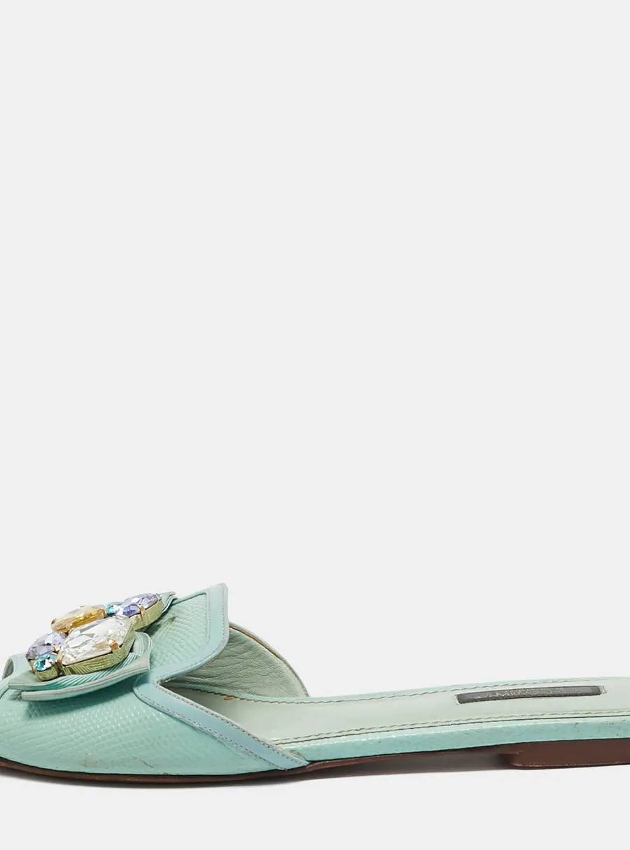 Dolce & Gabbana Blue Lizard Embossed Leather Crystal Embellished Bow Flat Slides Size Size 38.5