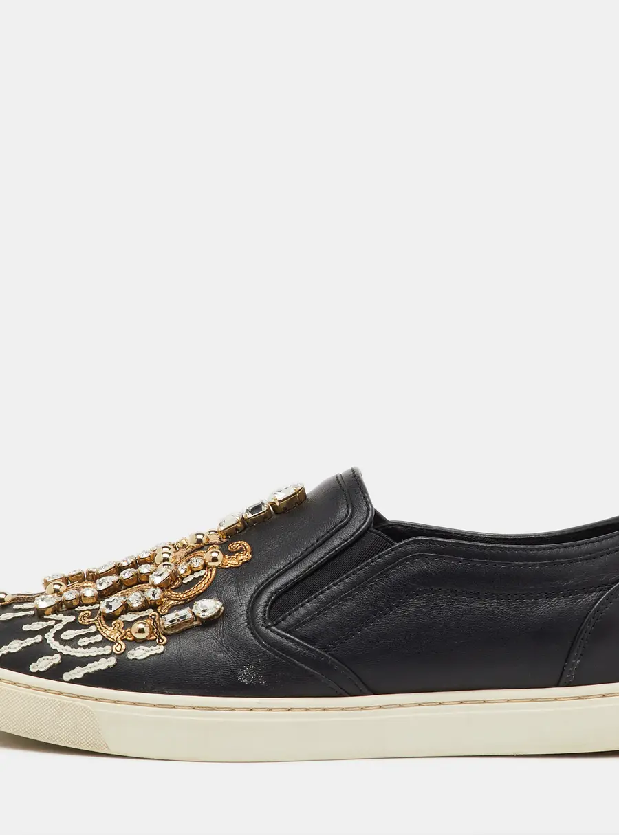 Dolce & Gabbana Black Leather Embellished Slip On Sneakers Size 39