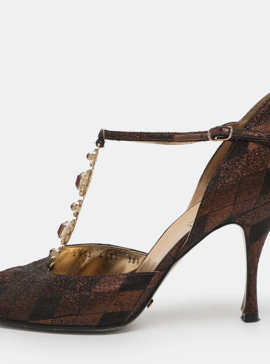 Dolce & Gabbana Metallic Lurex Fabric Peep Toe Ankle Strap Pumps Size 38.5