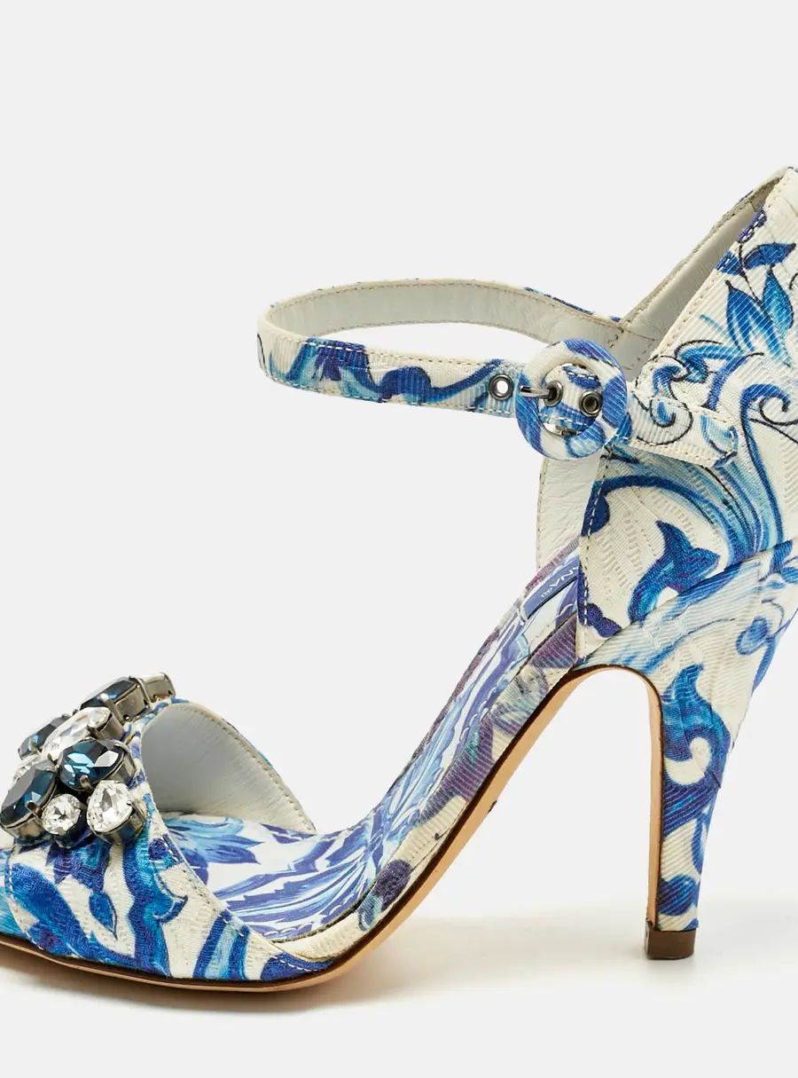 Dolce & Gabbana Blue Brocade Fabric Crystal Embellish Majolica Ankle Strap Sandals Size 36
