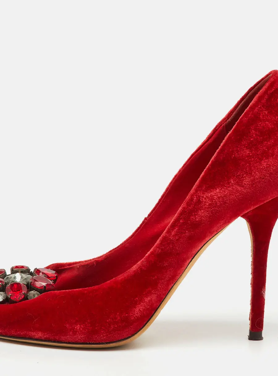 Dolce & Gabbana Red Velvet Taormina Crystal Embellished Peep Toe Pumps Size 38