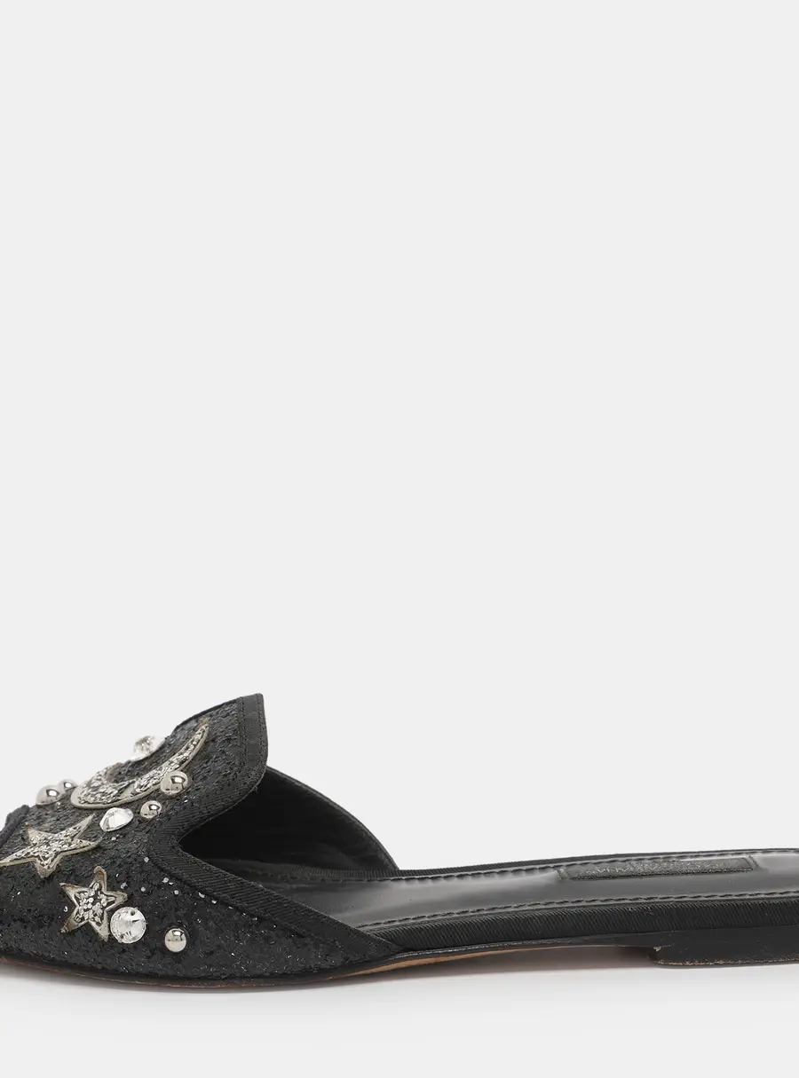 Dolce & Gabbana Black Glitter Bianca Star And Moon Embellished Slide Sandals Size 37