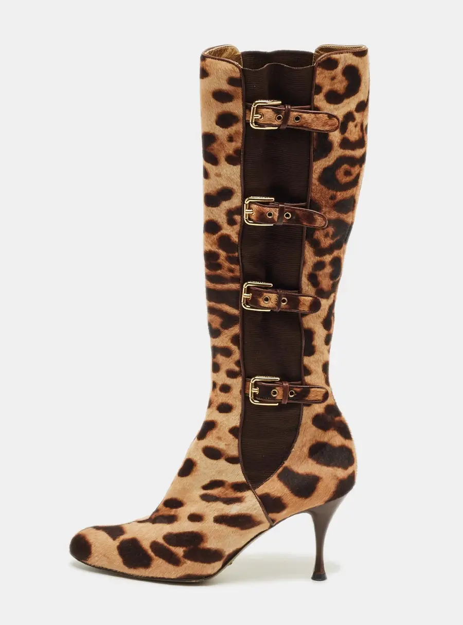 Dolce & Gabbana Brown Leopard Print Calf Hair Knee Length Boots Size 37