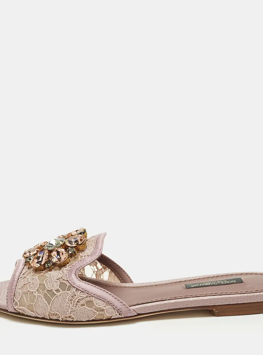Dolce & Gabbana Sofia Size 36 Purple Lace and Satin  Crystal Embellished Flat Slide