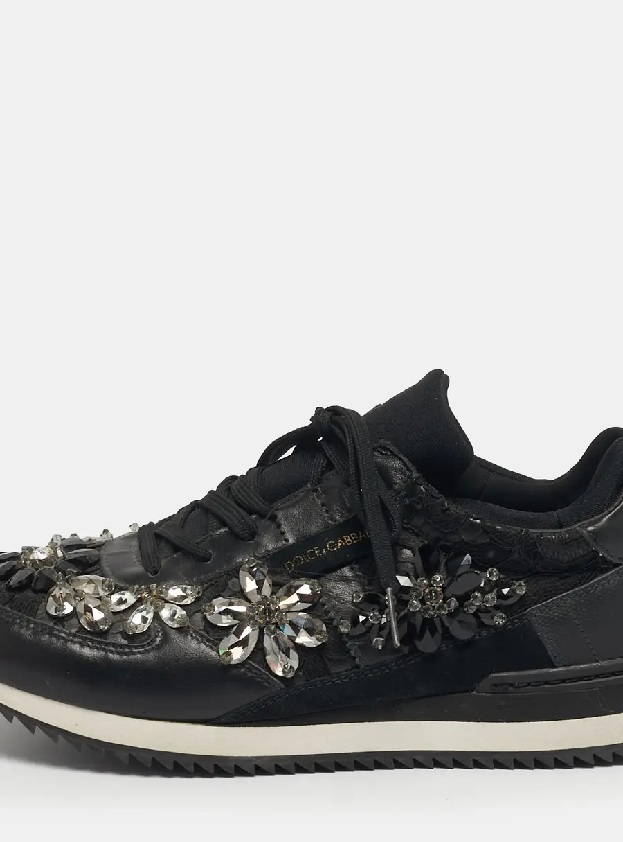 Dolce & Gabbana Size 39 Black Lace and Leather Crystal Embellished Lace Up Sneakers