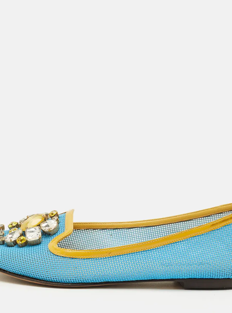 Dolce & Gabbana Size 37 Blue/Yellow Patent Leather and Woven Leather Ballet Flats