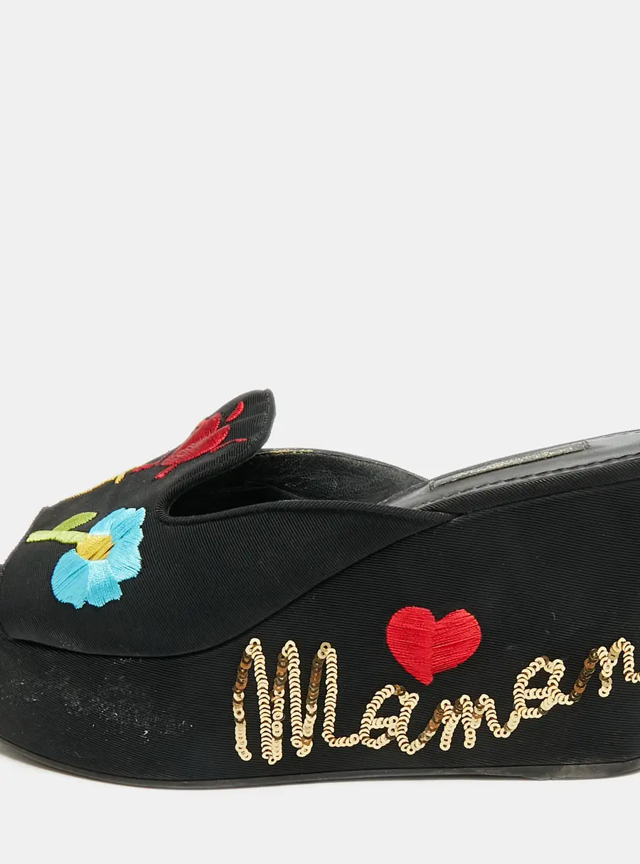 Dolce & Gabbana Size 38 Black Embroidery Fabric Platform Wedge Sandals