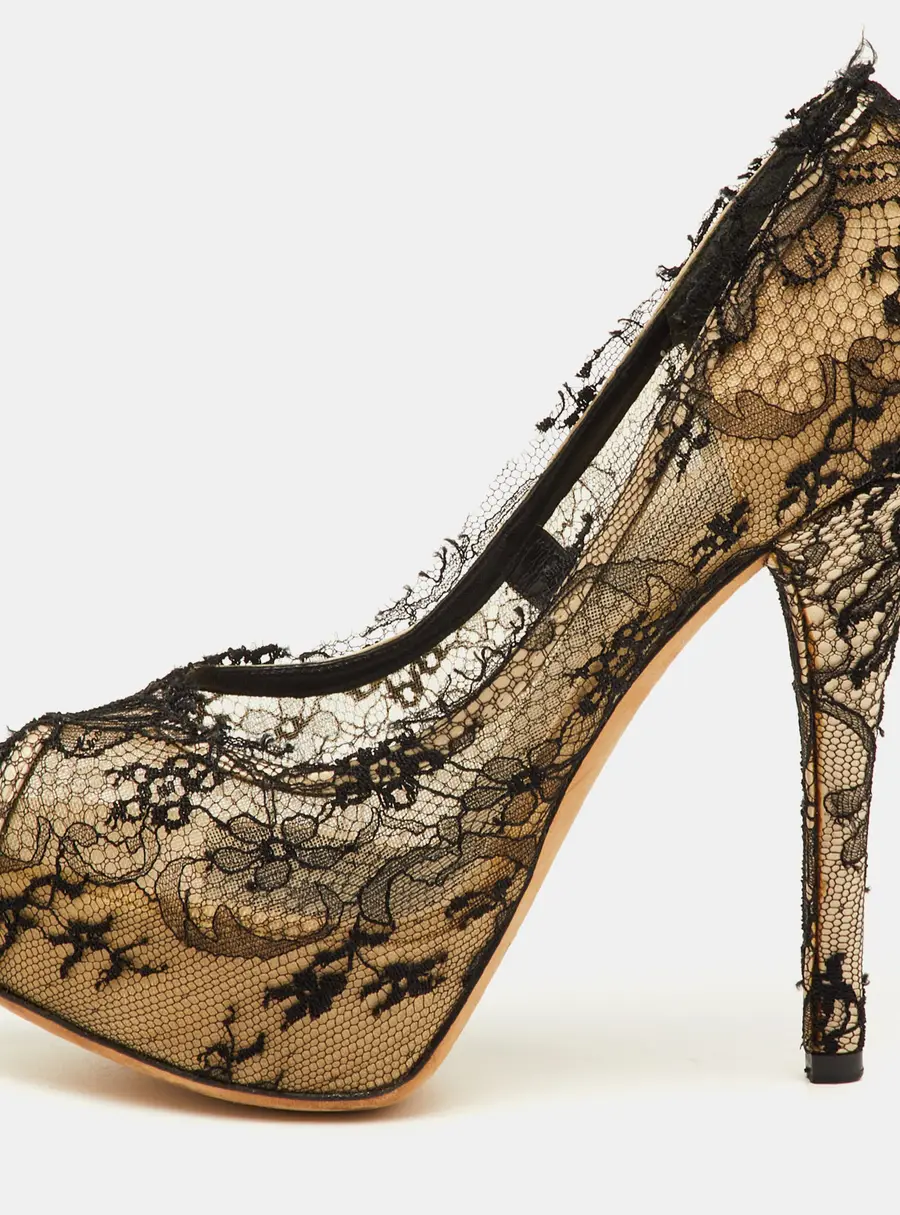 Dolce & Gabbana Size 38.5 Black/Beige Lace and Mesh Peep Toe Platform Pumps