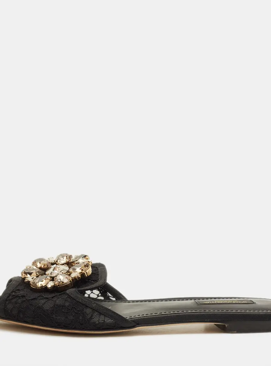 Dolce & Gabbana Sofia Size 38.5 Black Lace Crystal Embellished Flat Slide Sandals