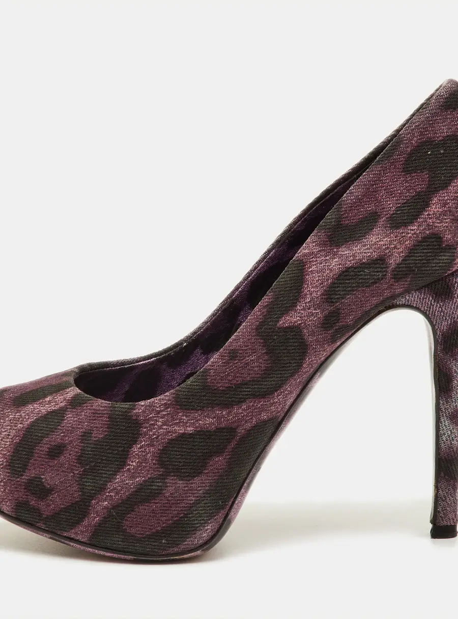 Dolce & Gabbana Size 36.5 Purple Leopard Print Denim Peep Toe Platform Pumps