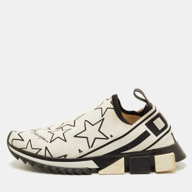 Dolce & Gabbana Sorrento Size 41 White/Black Knit Fabric Star Slip On Sneakers