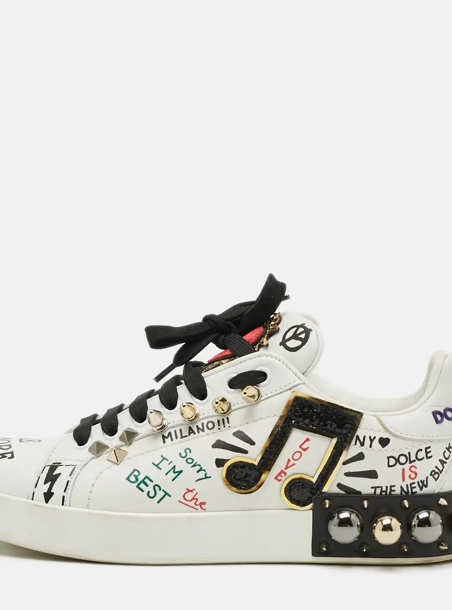 Dolce & Gabbana Size 38 White Leather Love Graffiti Printed Low Top Sneakers