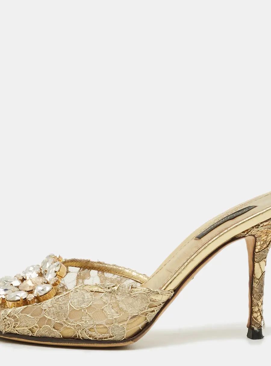 Dolce & Gabbana Keira Size 37.5 Gold Lace and Mesh Crystal Embellished Slide Sandals