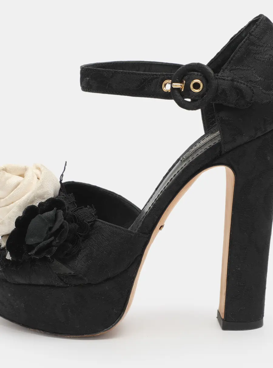 Dolce & Gabbana Size 40 Black Brocade Fabric Embellished Ankle Strap Sandals