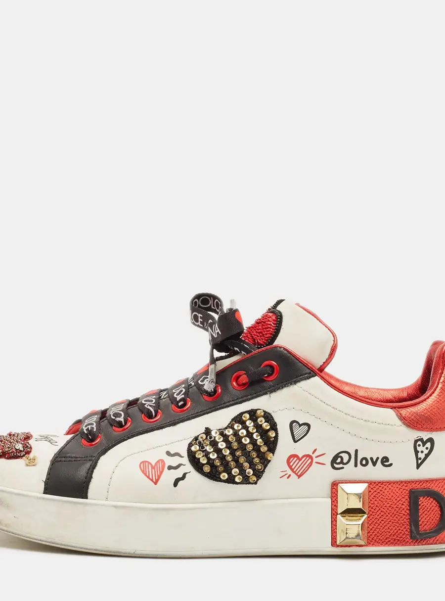 Dolce & Gabbana Size 37 Multicolor Leather Heart Embellished Low Top Sneakers