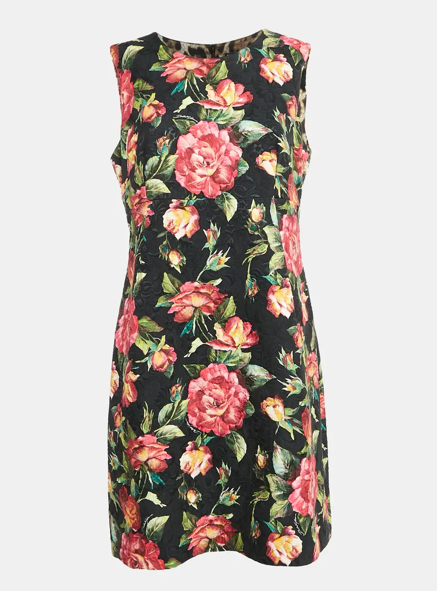 Dolce & Gabbana Black Floral Print Jacquard Cotton Blend Sleeveless Mini Dress L