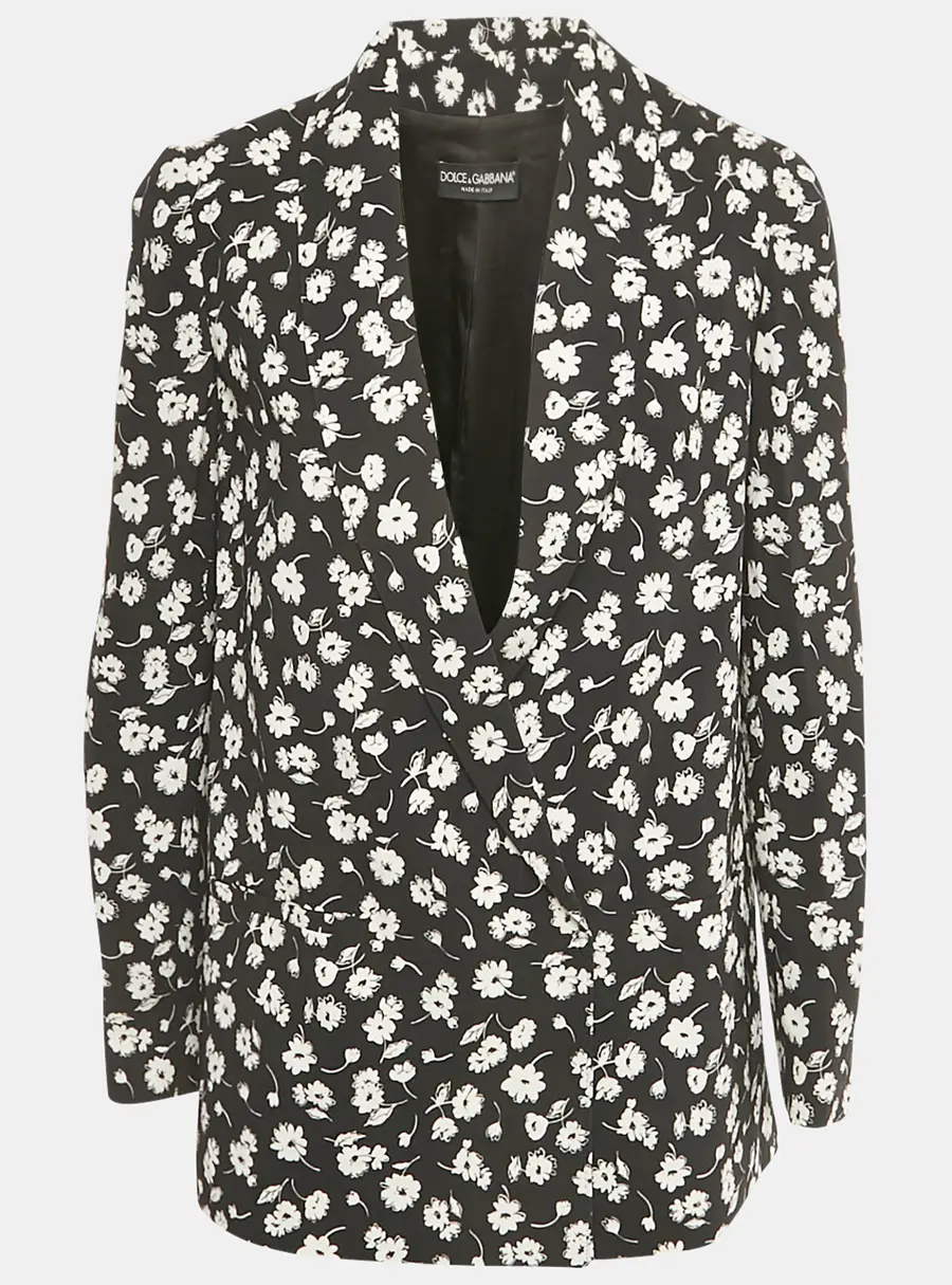Dolce & Gabbana Black Cady Daisy Print Crepe Blazer S