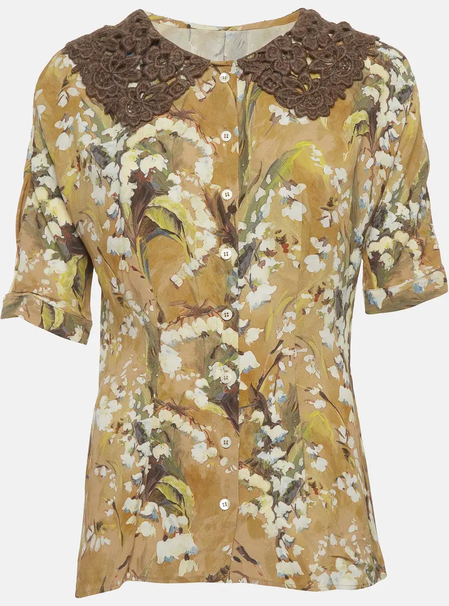 Dolce & Gabbana Beige Floral Print Lace Collar Blouse M