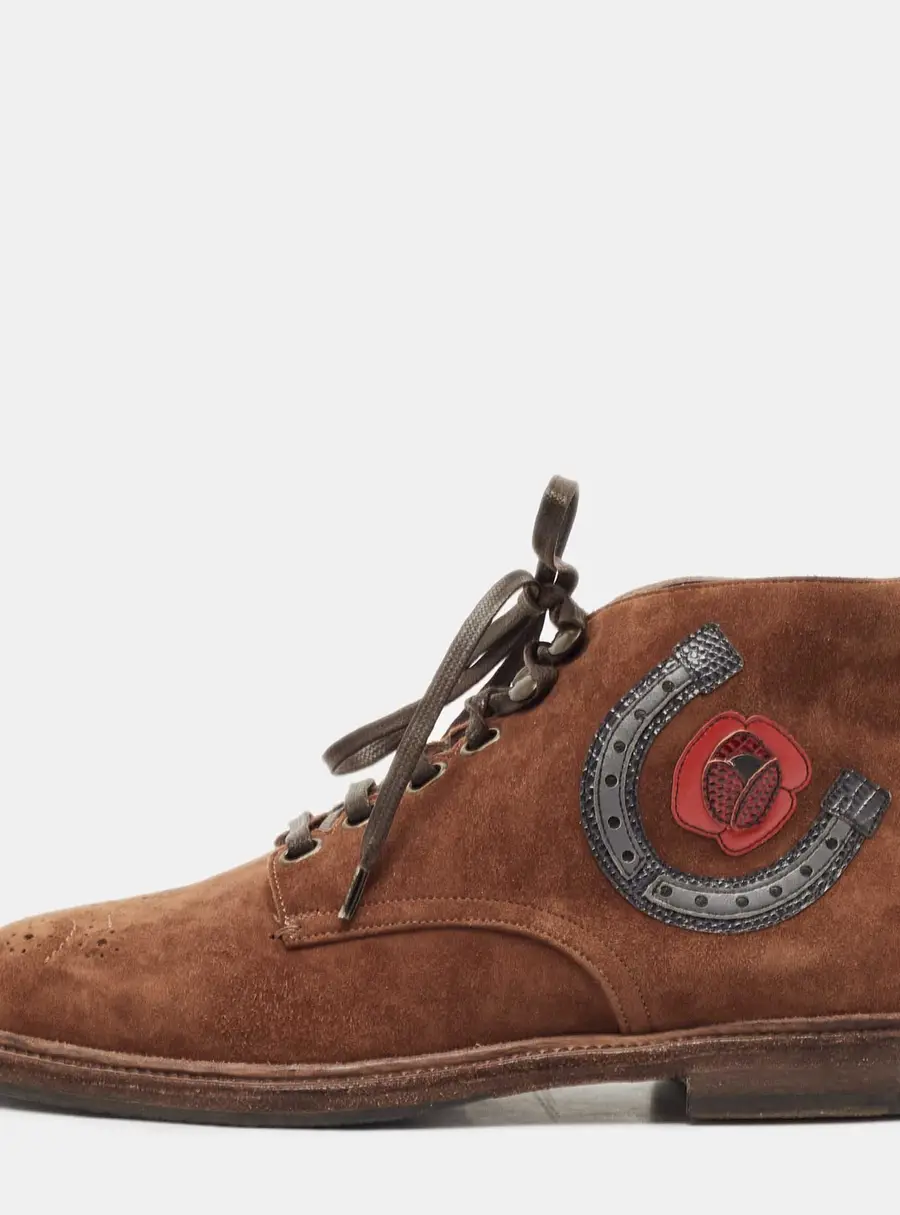 Dolce & Gabbana Brown Suede Embroidered Patch Ankle Boots Size 39