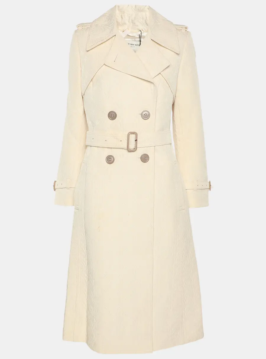 Dries van Noten Cream Jacquard Wool Belted Long Coat M