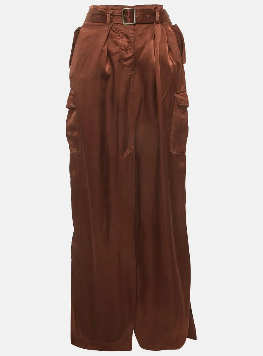 Dries van Noten Brown Satin Belted Maxi Skirt XL