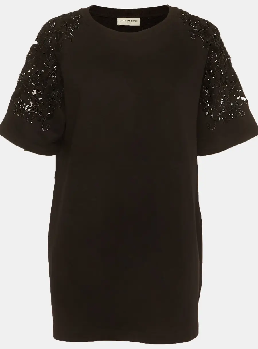 Dries Van Noten Black Sequins Embellished French Terry Knit T-Shirt L
