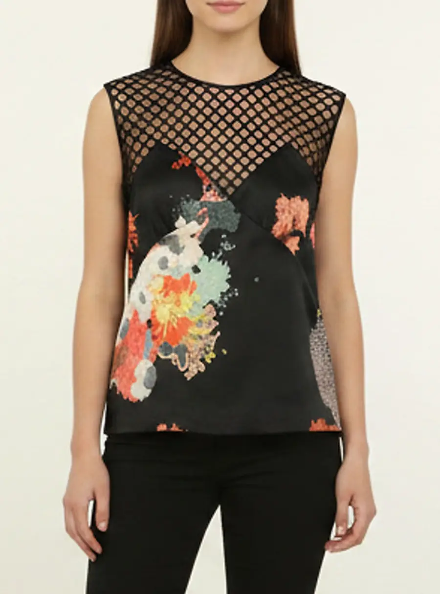 Dries Van Noten Black Multicolor Printed Satin and Mesh Sleeveless Tops S