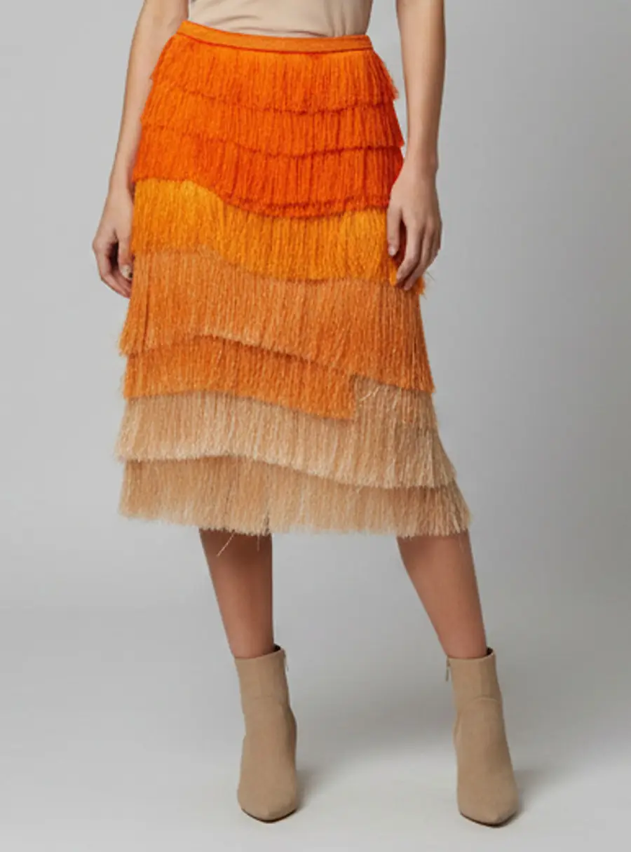 Dries van Noten Orange Ombre Fringed Salby Midi Skirt S