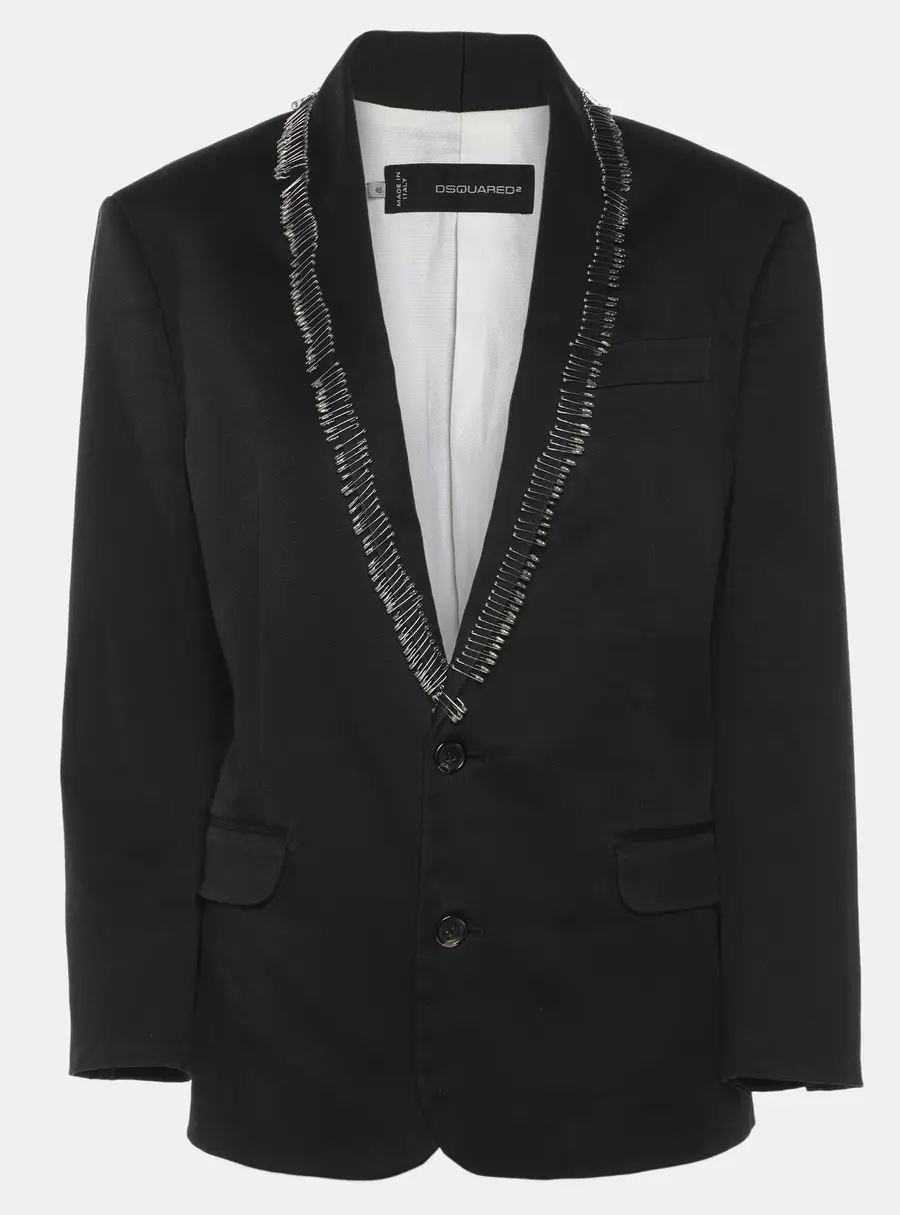 Dsquared2 Black Gabardine Fabric Safety Pin Collar Blazer L