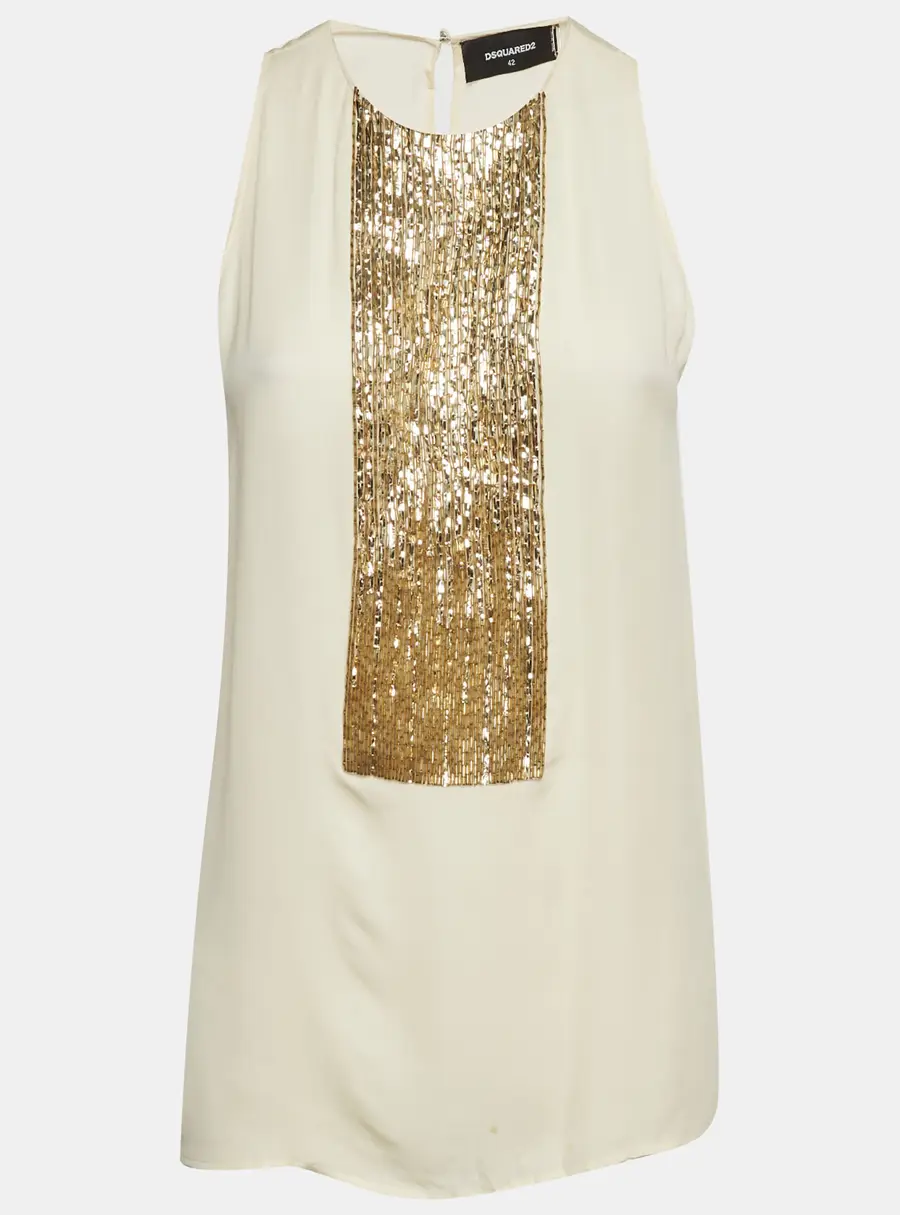 Dsquared2 Cream Chiffon Embellished Sleeveless Top M