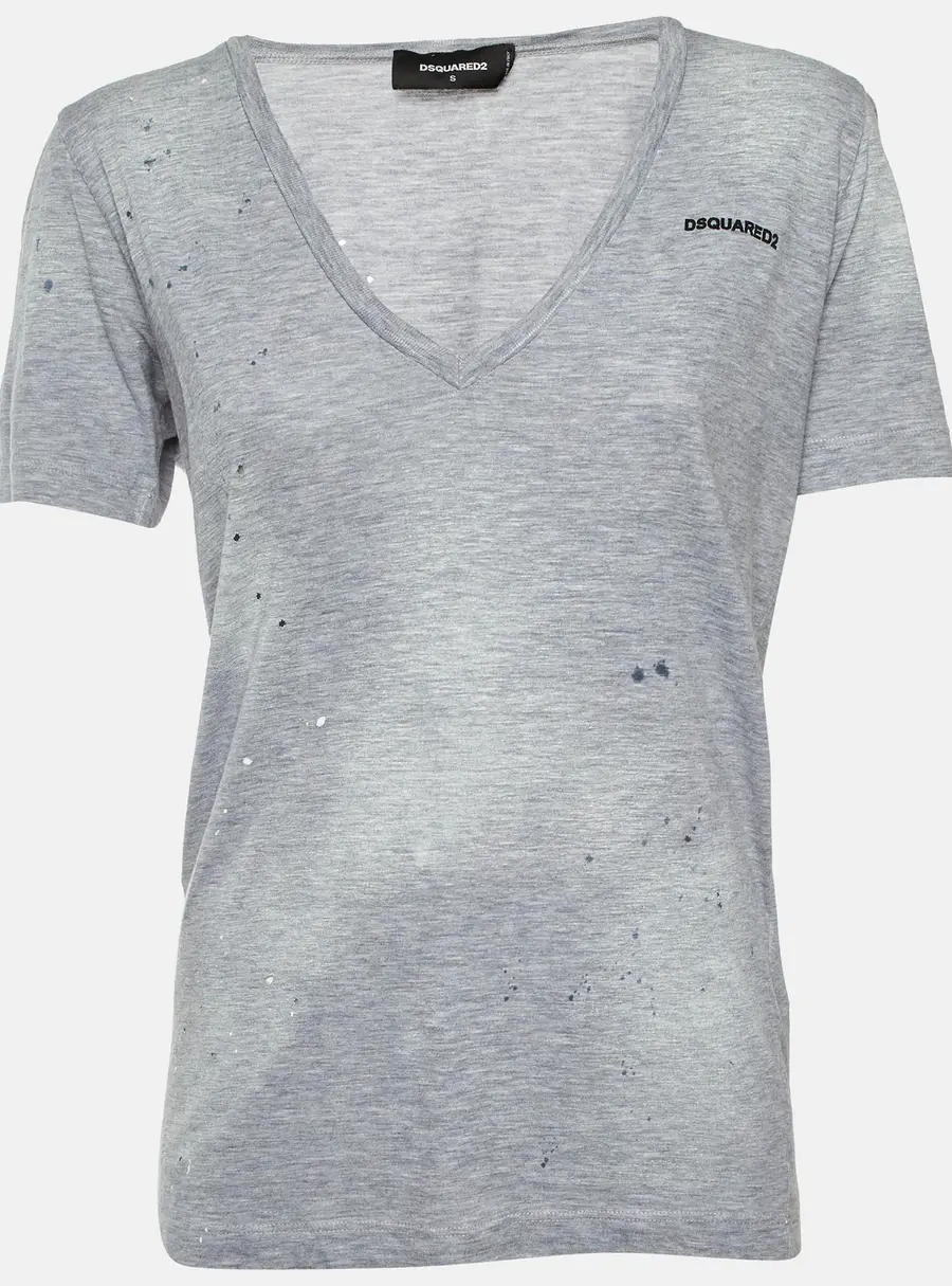 Dsquared2 Grey Distressed Cotton V-Neck T-Shirt S