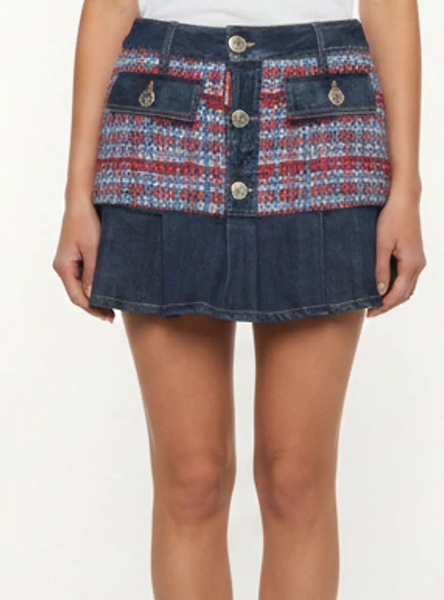 Dsquared2 Blue/Red Denim and Tweed Pleated Mini Skirt M