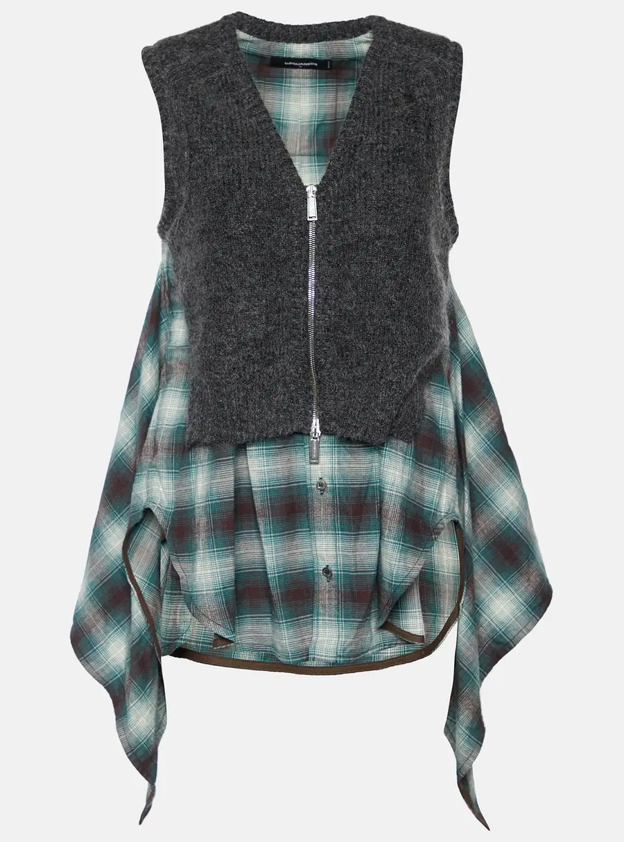 Dsquared2 Green Checkered Cotton & Knit Overlay Sleeveless Shirt S