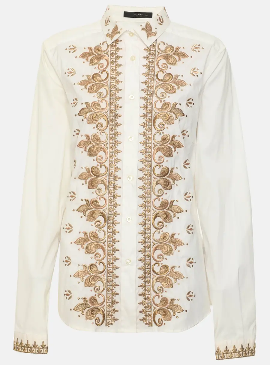 Etro Light Beige Metallic Brocade Stretch Cotton Long Sleeve Shirt M